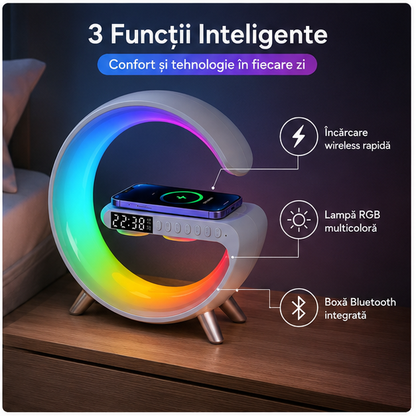Lampa LED RGB cu Ceas Alarma, Boxă Bluetooth și Încarcător Wireless