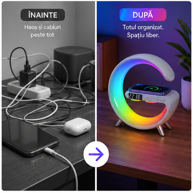 Lampa LED RGB cu Ceas Alarma, Boxă Bluetooth și Încarcător Wireless