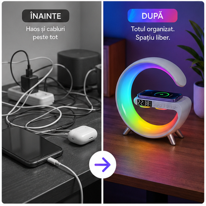 Lampa LED RGB cu Ceas Alarma, Boxă Bluetooth și Încarcător Wireless
