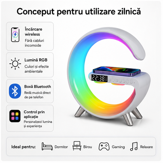 Lampa LED RGB cu Ceas Alarma, Boxă Bluetooth și Încarcător Wireless