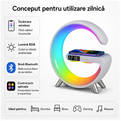 Lampa LED RGB cu Ceas Alarma, Boxă Bluetooth și Încarcător Wireless