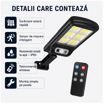 Lampa Solară Stradală LED cu Telecomandă