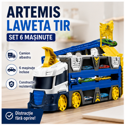 Laweta Tir Artemis, set 6 masinute, camion albastru, dim 36x15x10