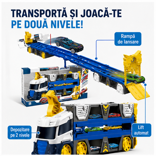 Laweta Tir Artemis, set 6 masinute, camion albastru, dim 36x15x10