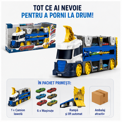 Laweta Tir Artemis, set 6 masinute, camion albastru, dim 36x15x10