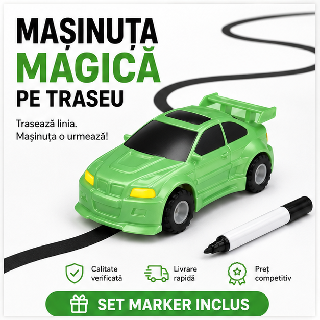 Masinuta Magica pe traseu, set marker inclus, plastic, culori vibrante, 7 modele in bax