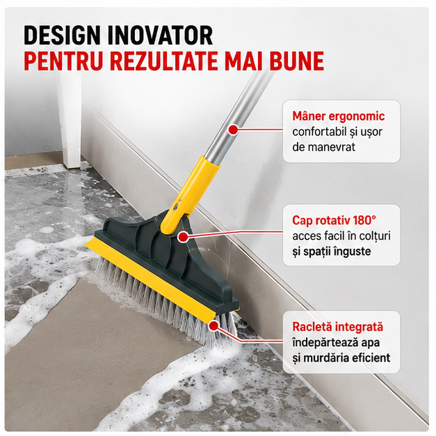 Mătura 2 în 1 cu Racleta și Cap Rotativ Detasabil
