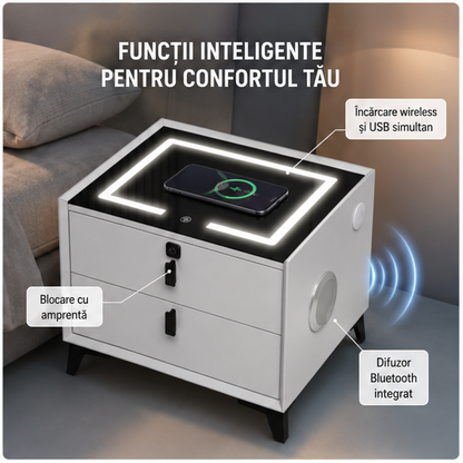 Noptiera Smart Multifunctionala 2 Sertare Amprenta LED