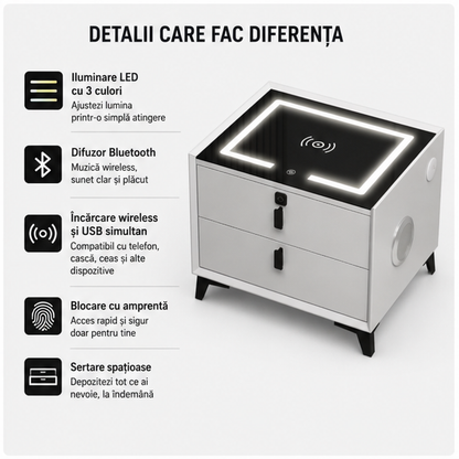 Noptiera Smart Multifunctionala 2 Sertare Amprenta LED
