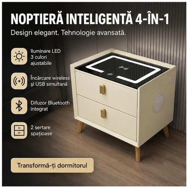 Noptiera Smart Multifunctionala cu Iluminare LED și Încărcare Wireless