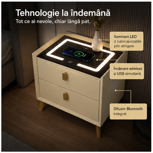 Noptiera Smart Multifunctionala cu Iluminare LED și Încărcare Wireless