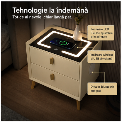 Noptiera Smart Multifunctionala cu Iluminare LED și Încărcare Wireless