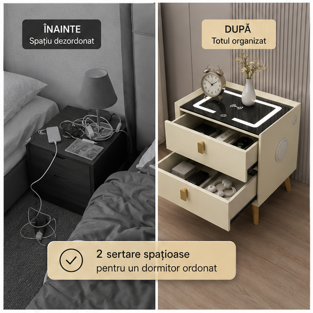 Noptiera Smart Multifunctionala cu Iluminare LED și Încărcare Wireless