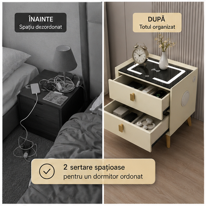Noptiera Smart Multifunctionala cu Iluminare LED și Încărcare Wireless