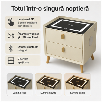 Noptiera Smart Multifunctionala cu Iluminare LED și Încărcare Wireless