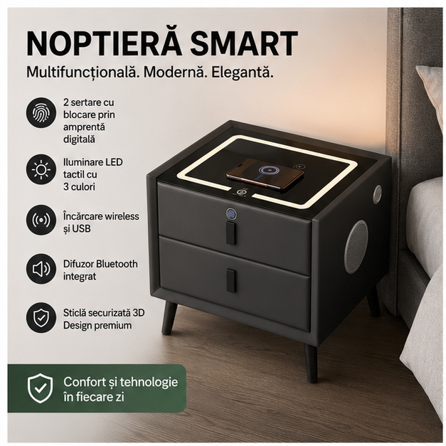 Noptiera Smart Multifunctionala cu Amprenta, LED, Bluetooth