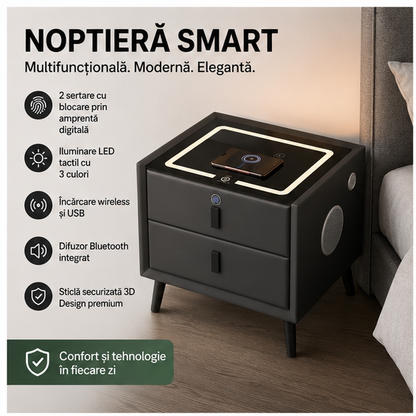 Noptiera Smart Multifunctionala cu Amprenta, LED, Bluetooth