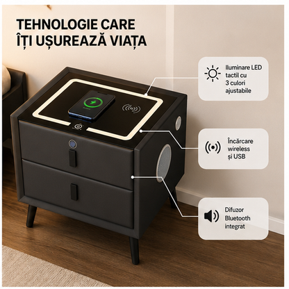 Noptiera Smart Multifunctionala cu Amprenta, LED, Bluetooth
