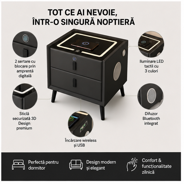 Noptiera Smart Multifunctionala cu Amprenta, LED, Bluetooth