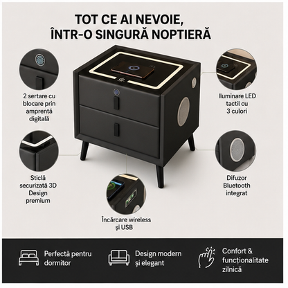 Noptiera Smart Multifunctionala cu Amprenta, LED, Bluetooth