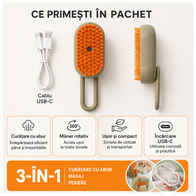Perie cu Abur pentru Animale de Companie cu Maner Rotativ