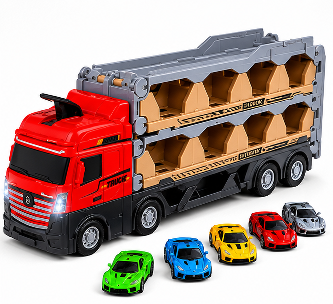 Set Camion 3 in 1 cu remorca, masini de jucarie cu arcuri pentru copii, Pista cu catapulta