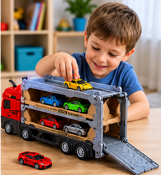 Set Camion 3 in 1 cu remorca, masini de jucarie cu arcuri pentru copii, Pista cu catapulta