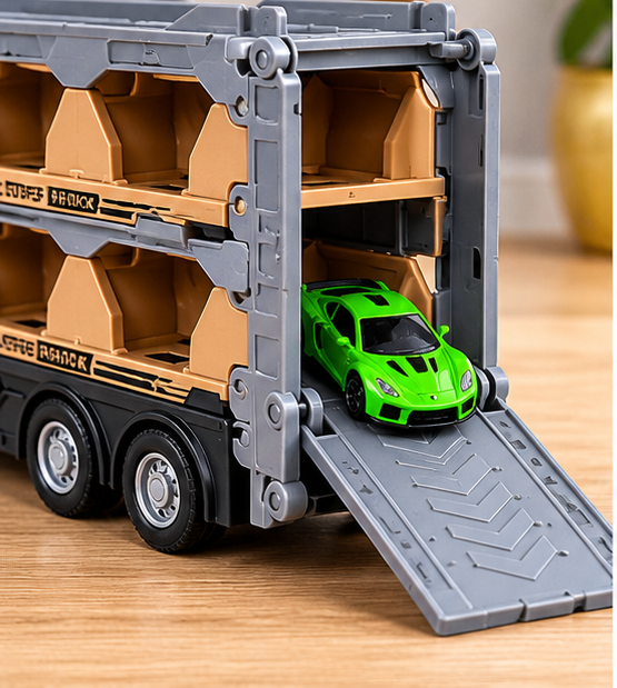 Set Camion 3 in 1 cu remorca, masini de jucarie cu arcuri pentru copii, Pista cu catapulta