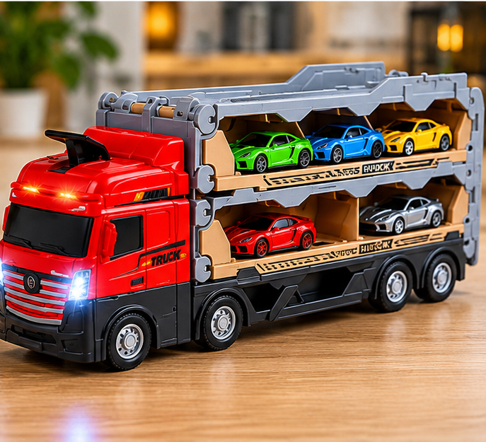 Set Camion 3 in 1 cu remorca, masini de jucarie cu arcuri pentru copii, Pista cu catapulta