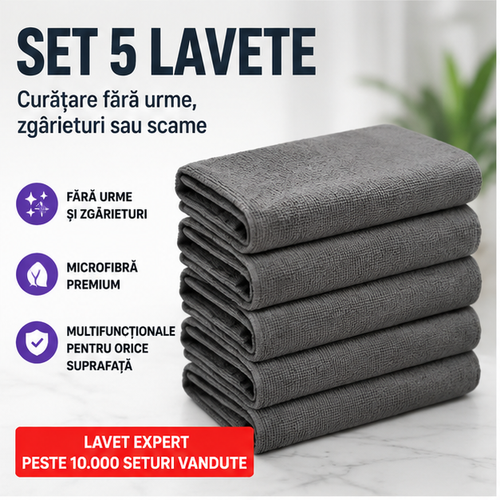 Set de 5 lavete pentru curatare fara urme, zgarieturi sau scame, multifunctionala, pentru geamuri, bucatarie, baie, masina. Material din microfibra 30x30cm, culoare gri