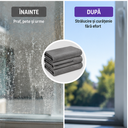 Set de 5 lavete pentru curatare fara urme, zgarieturi sau scame, multifunctionala, pentru geamuri, bucatarie, baie, masina. Material din microfibra 30x30cm, culoare gri