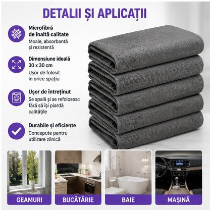 Set de 5 lavete pentru curatare fara urme, zgarieturi sau scame, multifunctionala, pentru geamuri, bucatarie, baie, masina. Material din microfibra 30x30cm, culoare gri