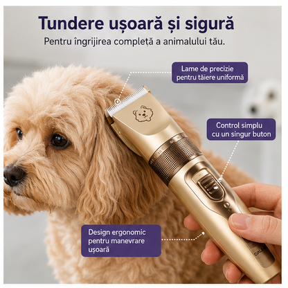 Set masina de tuns animale cu 4 accesorii de reglaj, foarfeca, pieptan, pila de unghii+cleste pentru unghii