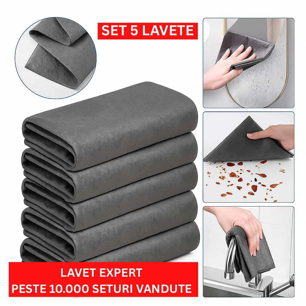 Set de 5 lavete pentru curatare fara urme, zgarieturi sau scame, multifunctionala, pentru geamuri, bucatarie, baie, masina. Material din microfibra 30x30cm, culoare gri