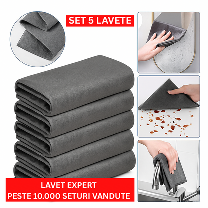 Set de 5 lavete pentru curatare fara urme, zgarieturi sau scame, multifunctionala, pentru geamuri, bucatarie, baie, masina. Material din microfibra 30x30cm, culoare gri