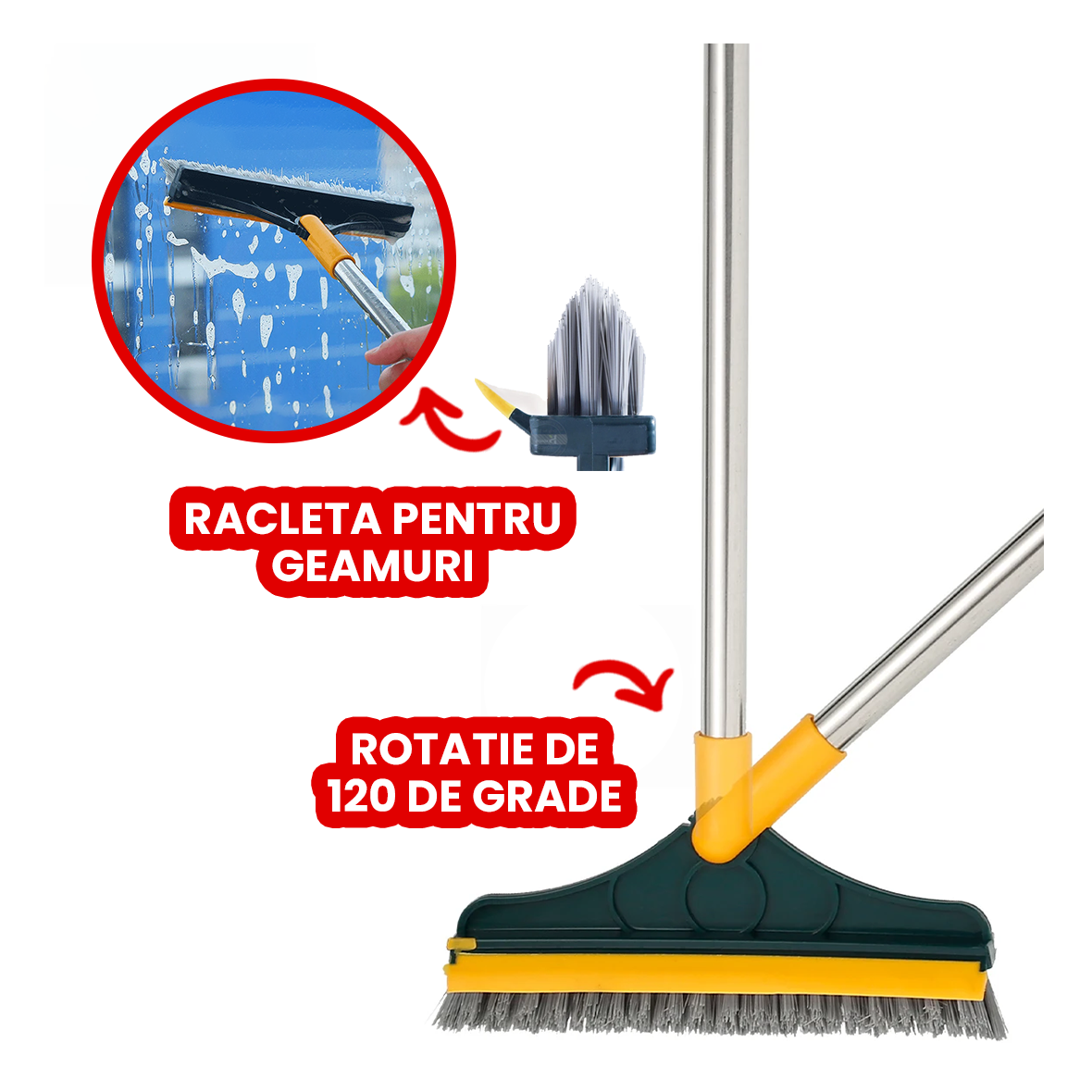 Mătura 2 în 1 cu Racleta și Cap Rotativ Detasabil
