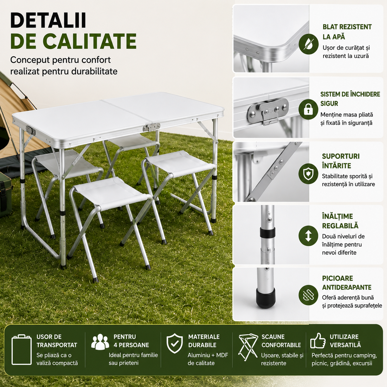 Set masă camping pliabilă cu 4 scaune jrh aluminiu ușor, reglabil pe înălțime, portabil pentru picnic, grătar, excursii, pescuit 120×60 cm