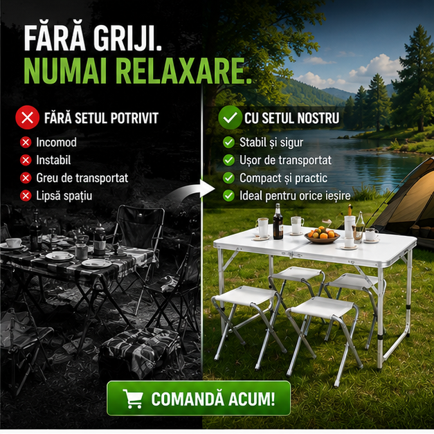 Set masă camping pliabilă cu 4 scaune jrh aluminiu ușor, reglabil pe înălțime, portabil pentru picnic, grătar, excursii, pescuit 120×60 cm