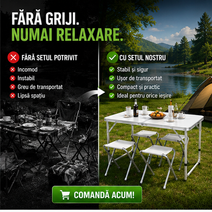 Set masă camping pliabilă cu 4 scaune jrh aluminiu ușor, reglabil pe înălțime, portabil pentru picnic, grătar, excursii, pescuit 120×60 cm