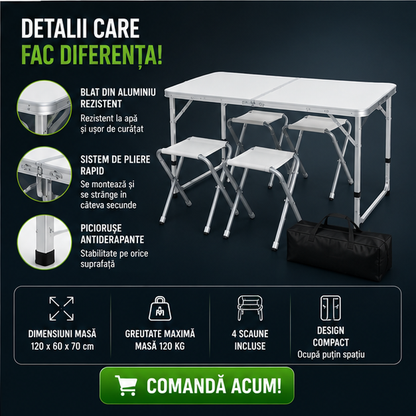 Set masă camping pliabilă cu 4 scaune jrh aluminiu ușor, reglabil pe înălțime, portabil pentru picnic, grătar, excursii, pescuit 120×60 cm