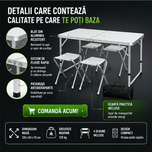 Set masă camping pliabilă cu 4 scaune jrh aluminiu ușor, reglabil pe înălțime, portabil pentru picnic, grătar, excursii, pescuit 120×60 cm