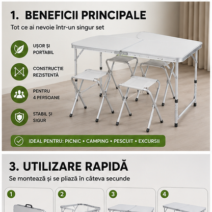 Set masă camping pliabilă cu 4 scaune jrh aluminiu ușor, reglabil pe înălțime, portabil pentru picnic, grătar, excursii, pescuit 120×60 cm