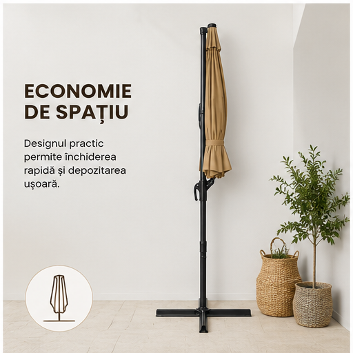 Umbrelă de Grădină 3m, Reglabilă, Suport Inclus Maro