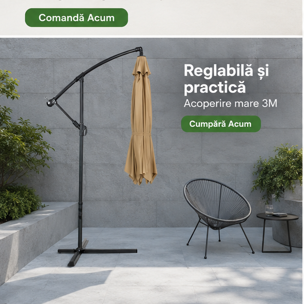Umbrelă de Grădină 3m, Reglabilă, Suport Inclus Maro