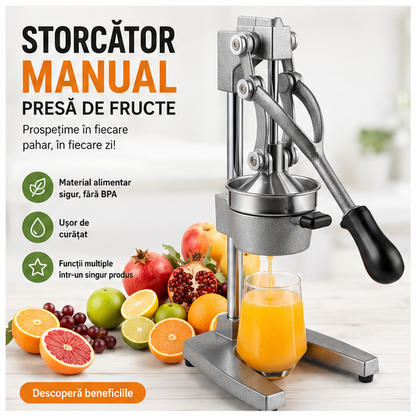 Storcator-presa de Fructe Manual, Fonta si Inox, Argintiu 70.5 X 18 X 21.5