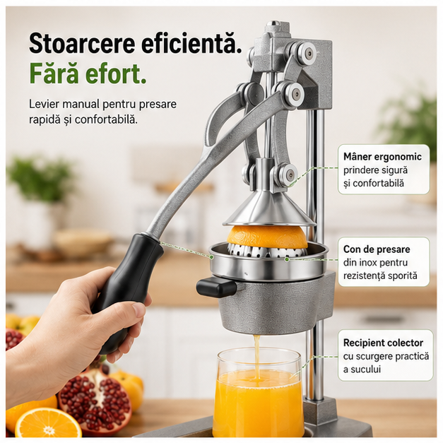 Storcator-presa de Fructe Manual, Fonta si Inox, Argintiu 70.5 X 18 X 21.5