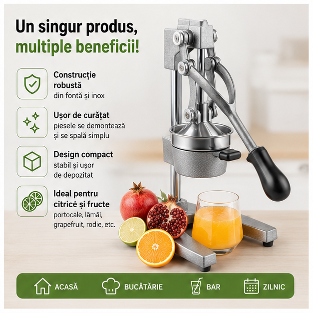 Storcator-presa de Fructe Manual, Fonta si Inox, Argintiu 70.5 X 18 X 21.5