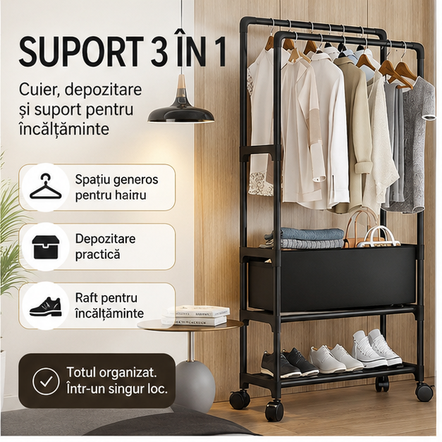 Suport 3 in 1, Spatiu pentru Depozitare, Cuier, Suport Incaltaminte, pe Cot/ 60x28x154 cm