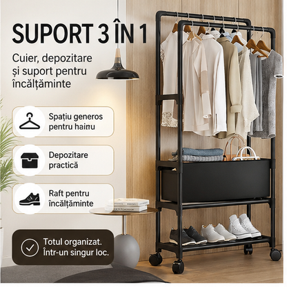 Suport 3 in 1, Spatiu pentru Depozitare, Cuier, Suport Incaltaminte, pe Cot/ 60x28x154 cm