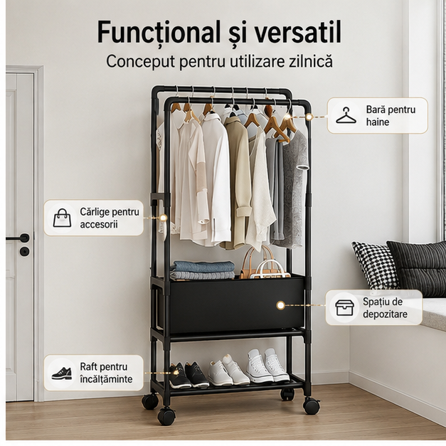Suport 3 in 1, Spatiu pentru Depozitare, Cuier, Suport Incaltaminte, pe Cot/ 60x28x154 cm